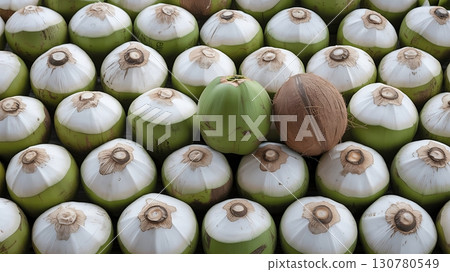 Arrangement of peeled coconuts with one green and one brown coconut fruit 130780549
