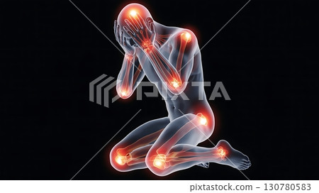 Illustration of a human figure showing joint pain with red highlights on the joints Illustration of a human figure showing joint pain with red highlights on the joints 130780583