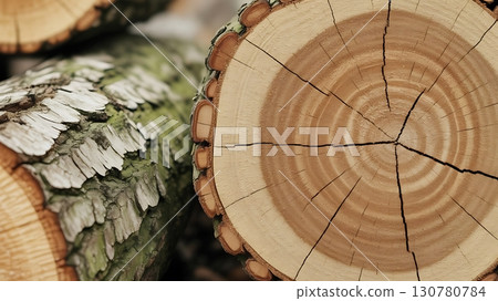Close up of cut tree logs showing the rings and bark texture in a detailed view point 130780784