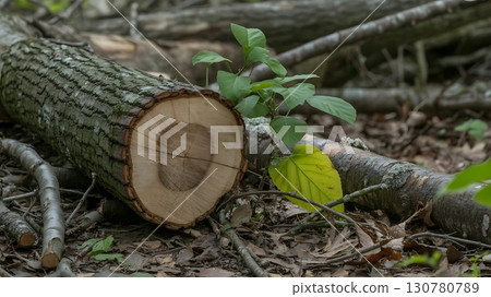cut log with visible rings and a small plant growing on it in a forest setting 130780789
