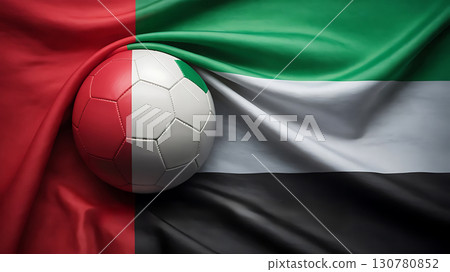 Football with flag of united arab emirates draped behind it in a studio setting view 130780852