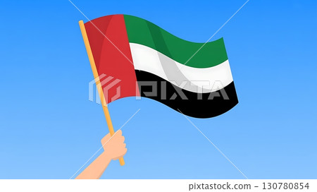 Illustration of a hand holding the flag of the united arab emirates in the sky Illustration of a hand holding the flag of the united arab emirates in the sky 130780854