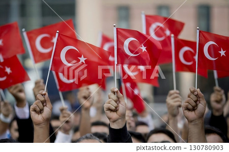 A crowd of people holding turkish flags in the air during an outdoor event or parade 130780903