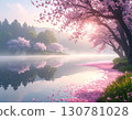 湖畔櫻花飄舞，晨曦灑落 130781028