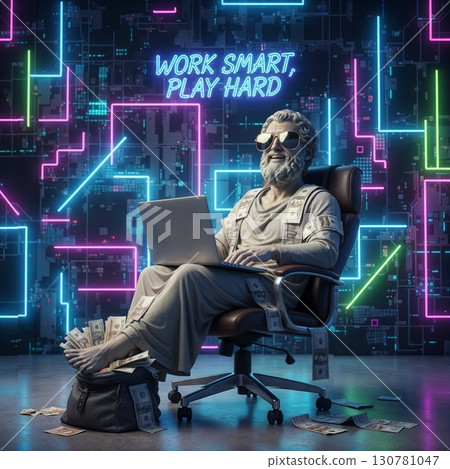 Modern Greek Statue Working on Laptop with Sunglasses, Surrounded by Money, Neon Background Work smart, play hard text. 130781047