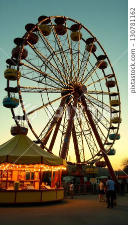 Colorful ferris wheel at sunset with vibrant carnival atmosphere and visitors enjoying their evening 130781162