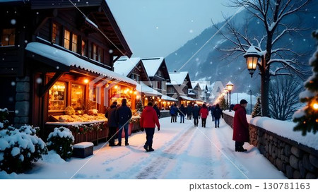 Snow-covered street lined with cozy shops during festive winter evening in the mountains 130781163
