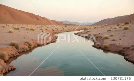 Flowing river in a desert landscape at dawn surrounded by sand dunes and sparse vegetation 130781176