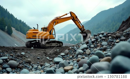 Heavy equipment operates in a rocky landscape with mountains in the background during cloudy weather 130781188