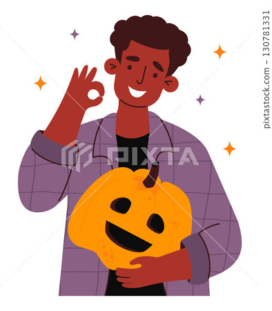 Halloween. Happy Smiling Man holding Pumpkin lantern Jack and showing an OK hand sign. Cute ethnic black male Character. Vector illustration. Fun Holiday design. Not AI 130781331