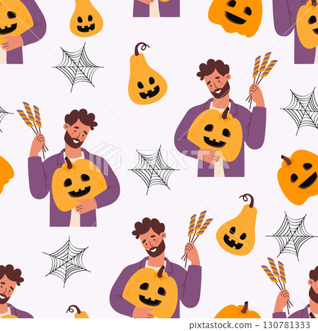 Halloween Seamless pattern. Cute man holding Pumpkin jack o lantern and with Candy treat on white background with cobwebs. Vector illustration for festive design, packaging, wallpaper, textile. Not AI Halloween Seamless pattern. Cute man holding Pumpkin jack o lantern and with Candy treat on white background with cobwebs. Vector illustration for festive design, packaging, wallpaper, textile. Not AI 130781333