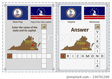 Geography of the USA for children. Question and answer. Flags, names, outline of the state and capital of Virginia. Crossword illustration. 130781390