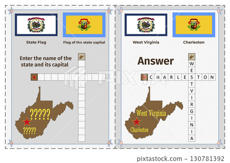 Geography of the USA for children. Question and answer. Flags, names, outline of the state and capital of West Virginia. Crossword illustration. 130781392