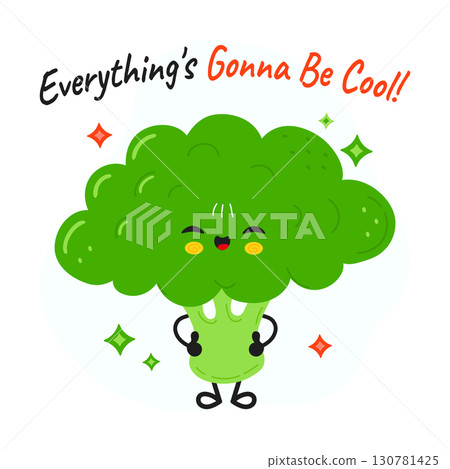Cute cartoon broccoli character with an optimistic message. 130781425