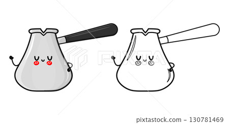 A charming cartoon coffee pot with a smiling face and cute expression A charming cartoon coffee pot with a smiling face and cute expression 130781469