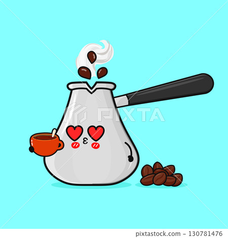 Cute coffee pot with loving eyes and a cup of coffee 130781476