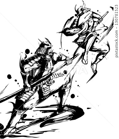 描繪武士戰鬥的墨繪插圖 130781523
