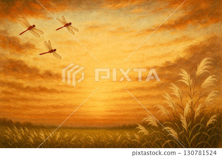 Autumn sunset sky, Japanese pampas grass, red dragonfly 130781524