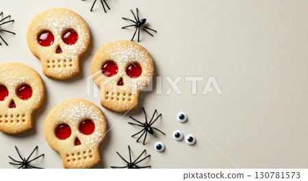 Halloween dessert of homemade skull-shaped cookies with red jam, surrounded by plastic spiders and spooky eyes. 130781573