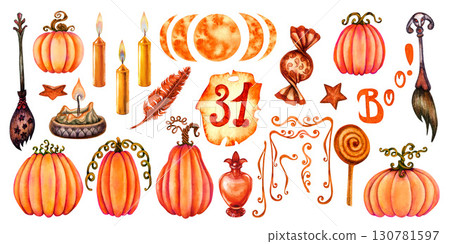 Watercolor Halloween, Magic clipart set with crystals, pumpkins, candy, brooms, candles, feather, moon phases, scrolls, potion, candles for esoteric, metaphysical, astrology, witchcraft Watercolor Halloween, Magic clipart set with crystals, pumpkins, candy, brooms, candles, feather, moon phases, scrolls, potion, candles for esoteric, metaphysical, astrology, witchcraft 130781597