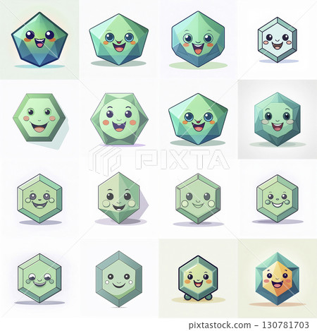 Flat art of a simple geometric Hexagon with a smiling face, minimalism style, clean lines, white background. Generative AI. 130781703