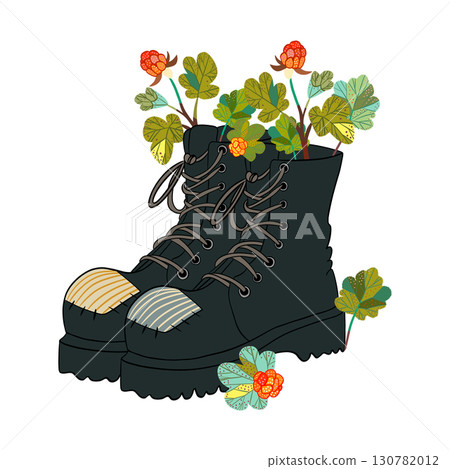 Illustration of black boots lost in the forest with northern cloudberries 130782012