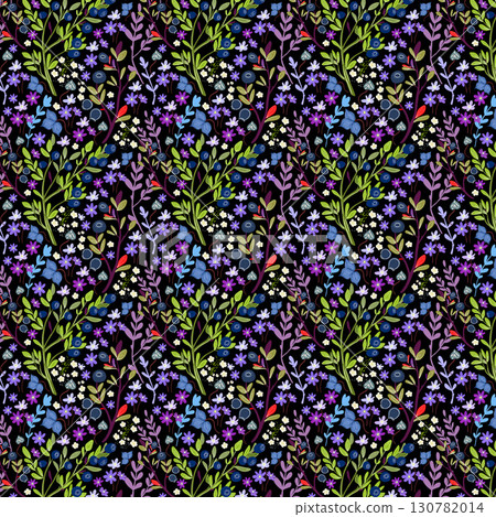 A colorful pattern featuring northern plants and herbs, a blueberry meadow. Flowers, berries, and leaves on a black background. Small flower pattern 130782014