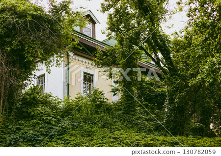 The charming house peeks from the lush green foliage, creating a serene and peaceful scene. A charming building is partially obscured by lush green foliage, evoking a sense of mystery and tranquility. 130782059