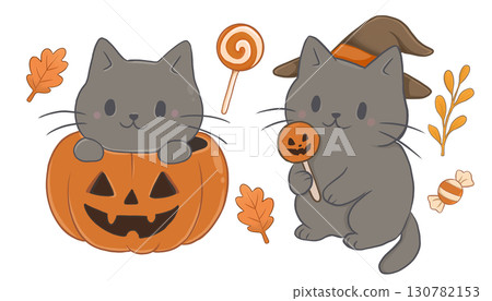 Set of illustrations of cute cats on Halloween 130782153