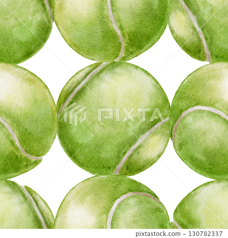 Seamless watercolor pattern of green tennis balls on a white background, hand-painted in realistic style. Ideal for textiles, wallpaper packaging sportswear accessories and wellness-related designs. Seamless watercolor pattern of green tennis balls on a white background, hand-painted in realistic style. Ideal for textiles, wallpaper packaging sportswear accessories and wellness-related designs. 130782337