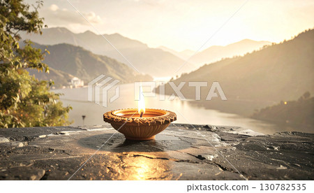 Single Clay Diya on Black Marble Surface. Diwali Festival Concept. Generated Image 130782535