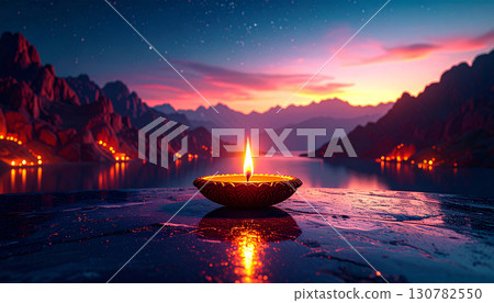 Single Clay Diya on Black Marble Surface. Diwali Festival Concept. Generated Image 130782550