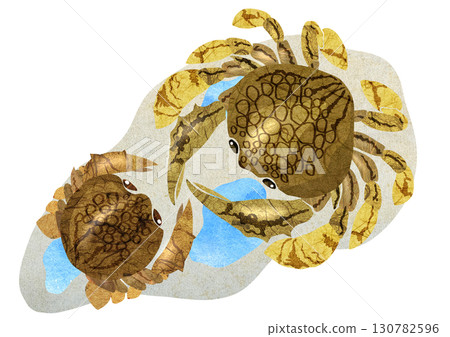 可愛的海灘生物金蟹紙剪拼貼畫插圖背景 130782596
