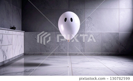 Transparent Ghost Balloon Floating on Marble Floor. Hallowen Concept. Generated Image Transparent Ghost Balloon Floating on Marble Floor. Hallowen Concept. Generated Image 130782599