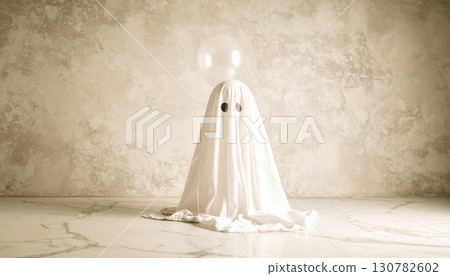 Transparent Ghost Balloon Floating on Marble Floor. Hallowen Concept. Generated Image 130782602