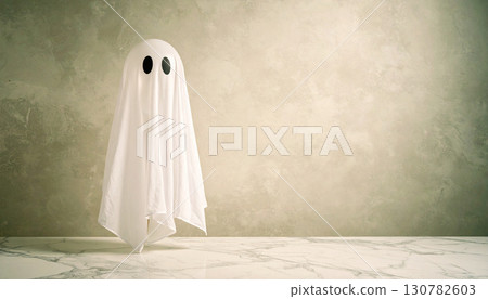 Transparent Ghost Balloon Floating on Marble Floor. Hallowen Concept. Generated Image 130782603