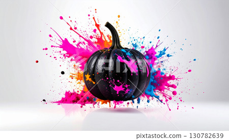 Matte Black Pumpkin with Neon Pink Splatter Paint. Hallowen Concept. Generated Image Matte Black Pumpkin with Neon Pink Splatter Paint. Hallowen Concept. Generated Image 130782639