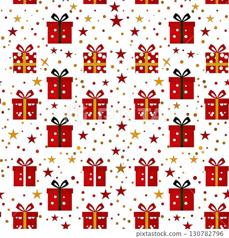 Festive seamless pattern of red Christmas gifts with red and gold star accents on a white background, designed with simple, clean shapes. Festive seamless pattern of red Christmas gifts with red and gold star accents on a white background, designed with simple, clean shapes. 130782796