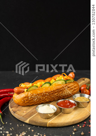 Classic hot dog with vegetables, sauces and sesame bun on black background. Street food Classic hot dog with vegetables, sauces and sesame bun on black background. Street food 130782844