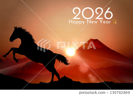 Horse and Red Fuji New Year's card template 130782869
