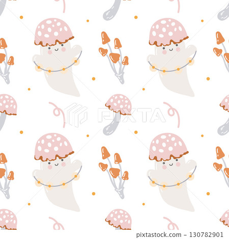 Halloween pattern of cute little ghosts. Seamless autumn pattern with hand drawn cute little ghosts on white background. Funny ghosts, mushrooms, confetti. Cute cozy background for Halloween. Pastel Halloween pattern of cute little ghosts. Seamless autumn pattern with hand drawn cute little ghosts on white background. Funny ghosts, mushrooms, confetti. Cute cozy background for Halloween. Pastel 130782901