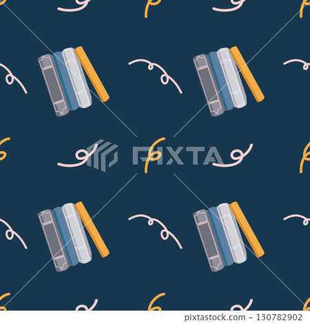 Seamless pattern with books and festive confetti in flat design style. Stack of books. Pastel background on the theme of education. Simple multicolored pattern on a dark blue background. Vector Seamless pattern with books and festive confetti in flat design style. Stack of books. Pastel background on the theme of education. Simple multicolored pattern on a dark blue background. Vector 130782902