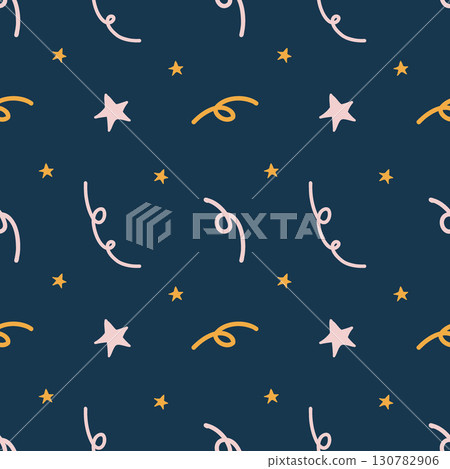 Colorful background with confetti, festive pattern of ribbons and stars. Seamless pattern for childrens party, birthday. Multicolored confetti on a dark blue background. Pattern in pastel colors for 130782906