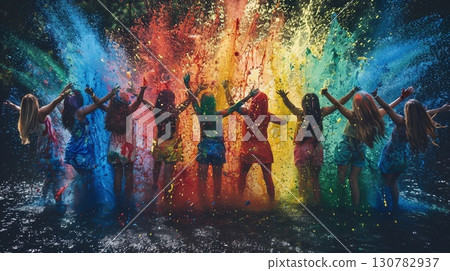 With painted faces and laughter, women hold hands, embracing the colorful spirit of Holi and sharing a moment of joy. 130782937