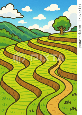 Cartoon-style terraced field illustration 130783155