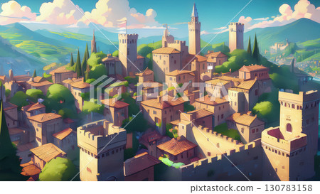Bird's-eye view of a medieval city with towers 130783158