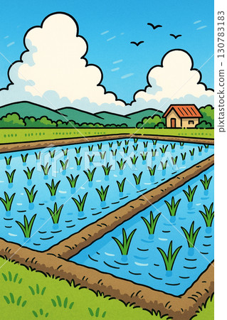 一幅卡通畫描繪了剛插秧的稻田 130783183