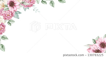 Rectangular watercolor frame with pink peonies, white azaleas, eucalyptus leaves arranged on the edges, isolated on white background. Perfect for wedding cards, posters, invitations, banners or print. 130783225
