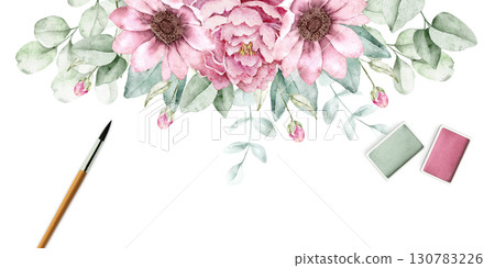 Floral watercolor banner with pink peonies, eucalyptus branches, brush and cuvettes for creative design, isolated on white background. Ideal for branding, invitations, blogs, or social media. 130783226