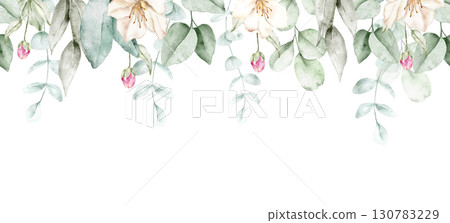 Watercolor seamless floral border with cascading green foliage, and delicate azalea arranged in soft style. Part of a large floral bouquet set. Perfect for wedding invitation, greeting card, pack 130783229